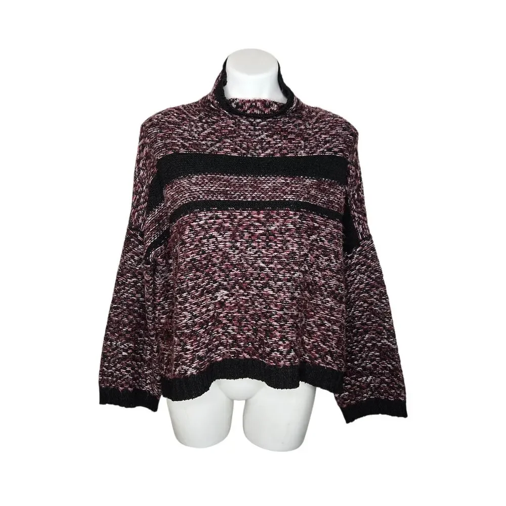JOHN + JENN Chunky Knit Mock Neck Pullover Sweater Maroon & Black Size Small - Picture 2 of 14